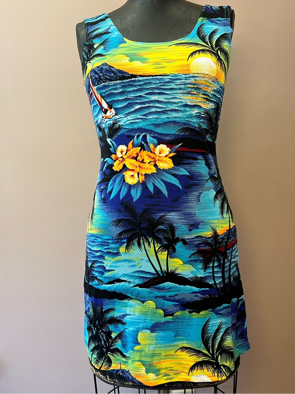 Y2K Cocos Family Blue Tropical Sunset Hawaii Print Mini Dress Size M 90’s
